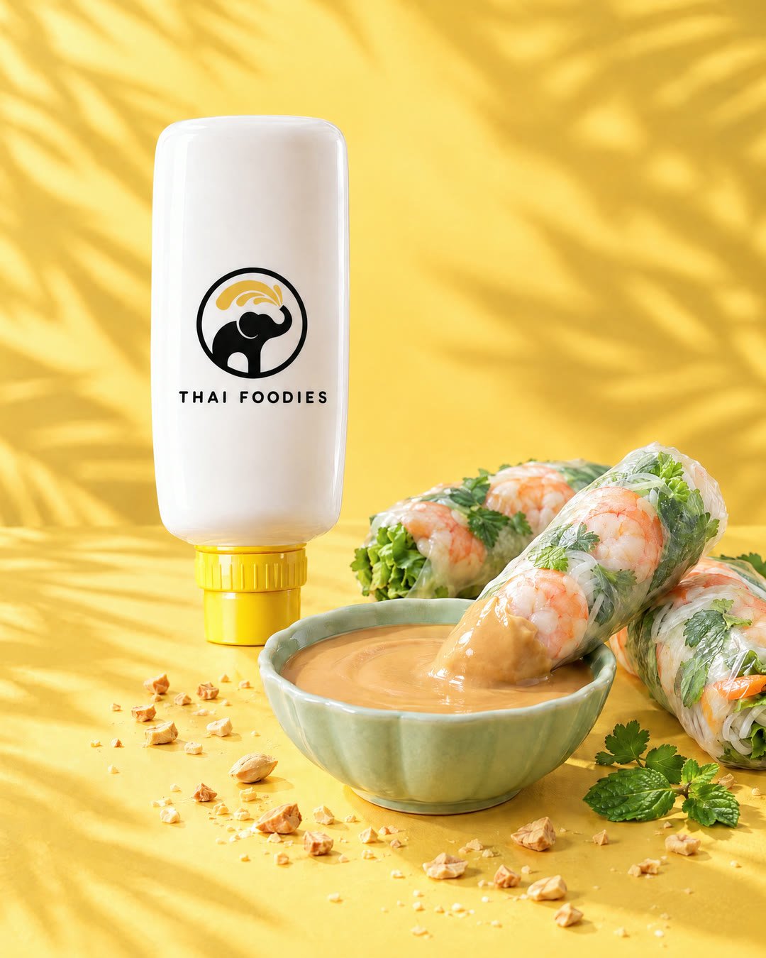 A Thai Foodies bottle next to fresh spring rolls and a dish of smooth peanut sauce