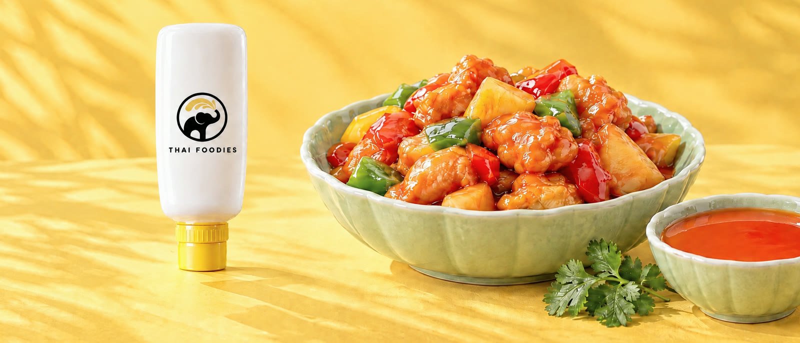 Thai Foodies sweet and sour sauce glazing crispy chicken with pineapple and peppers